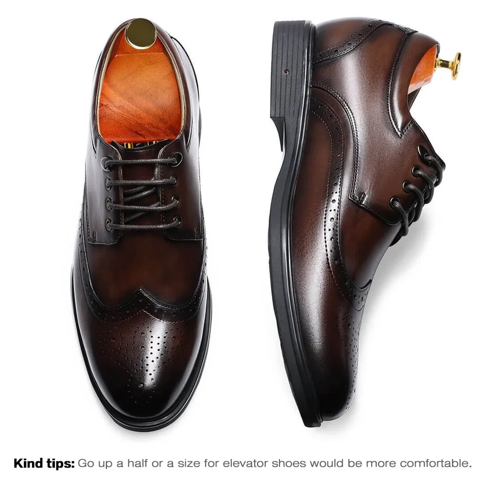 8 CM/3.15 Inches Taller -CMR CHAMARIPA Elevator Dress Shoes- Mens Hand Painted Wingtip Oxford Shoes- Coffee