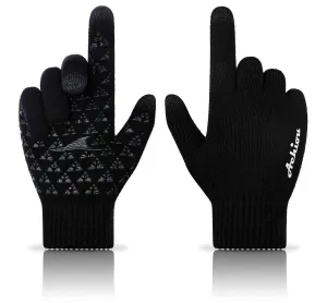 Achiou Winter Knit Gloves Touchscreen Warm Thermal Soft Lining Elastic Cuff Texting Anti-Slip 3 Size Choice for Women Men Black Medium
