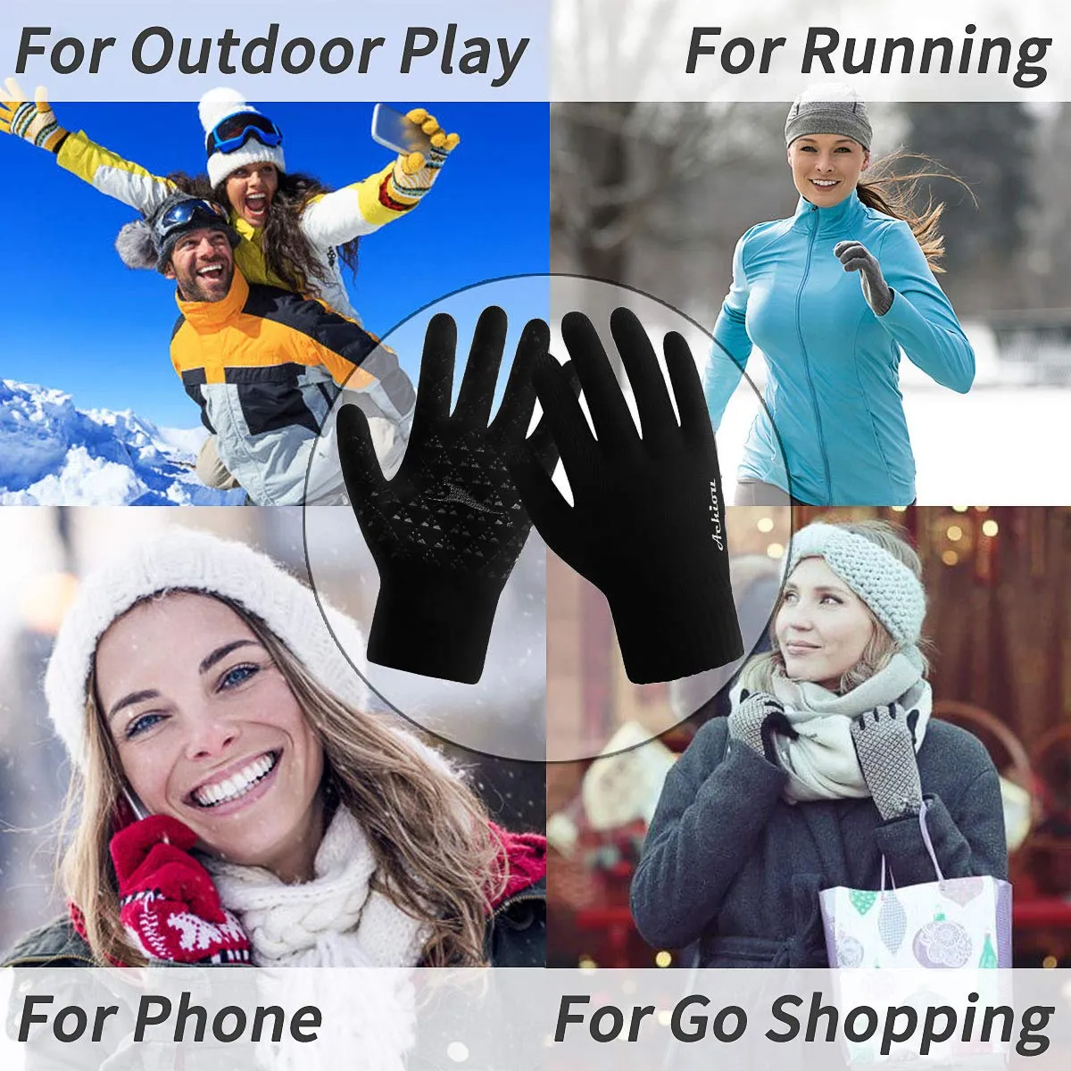 Achiou Winter Knit Gloves Touchscreen Warm Thermal Soft Lining Elastic Cuff Texting Anti-Slip 3 Size Choice for Women Men Black Medium