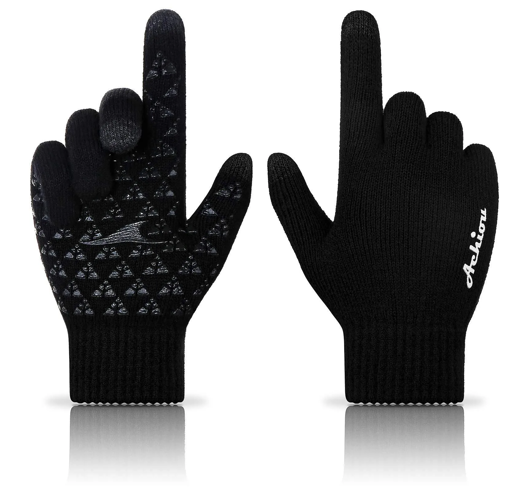 Achiou Winter Knit Gloves Touchscreen Warm Thermal Soft Lining Elastic Cuff Texting Anti-Slip 3 Size Choice for Women Men Black Medium