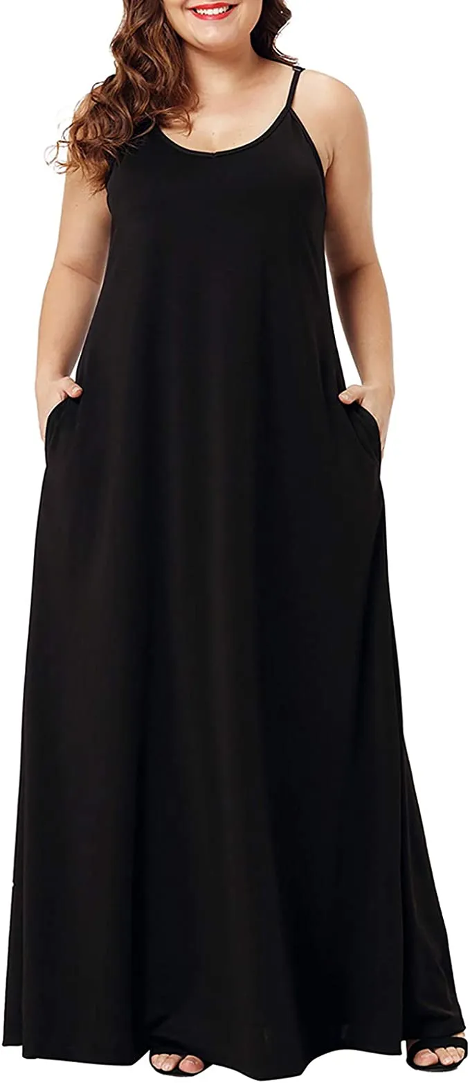 Blue White Pink Womens Casual Sleeveless Plus Size Loose Plain Long Maxi Dress with Pockets - Wolddress
