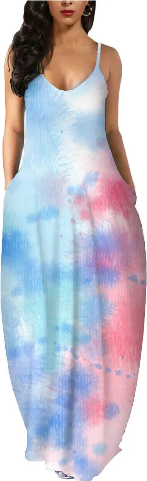 Blue White Pink Womens Casual Sleeveless Plus Size Loose Plain Long Maxi Dress with Pockets - Wolddress