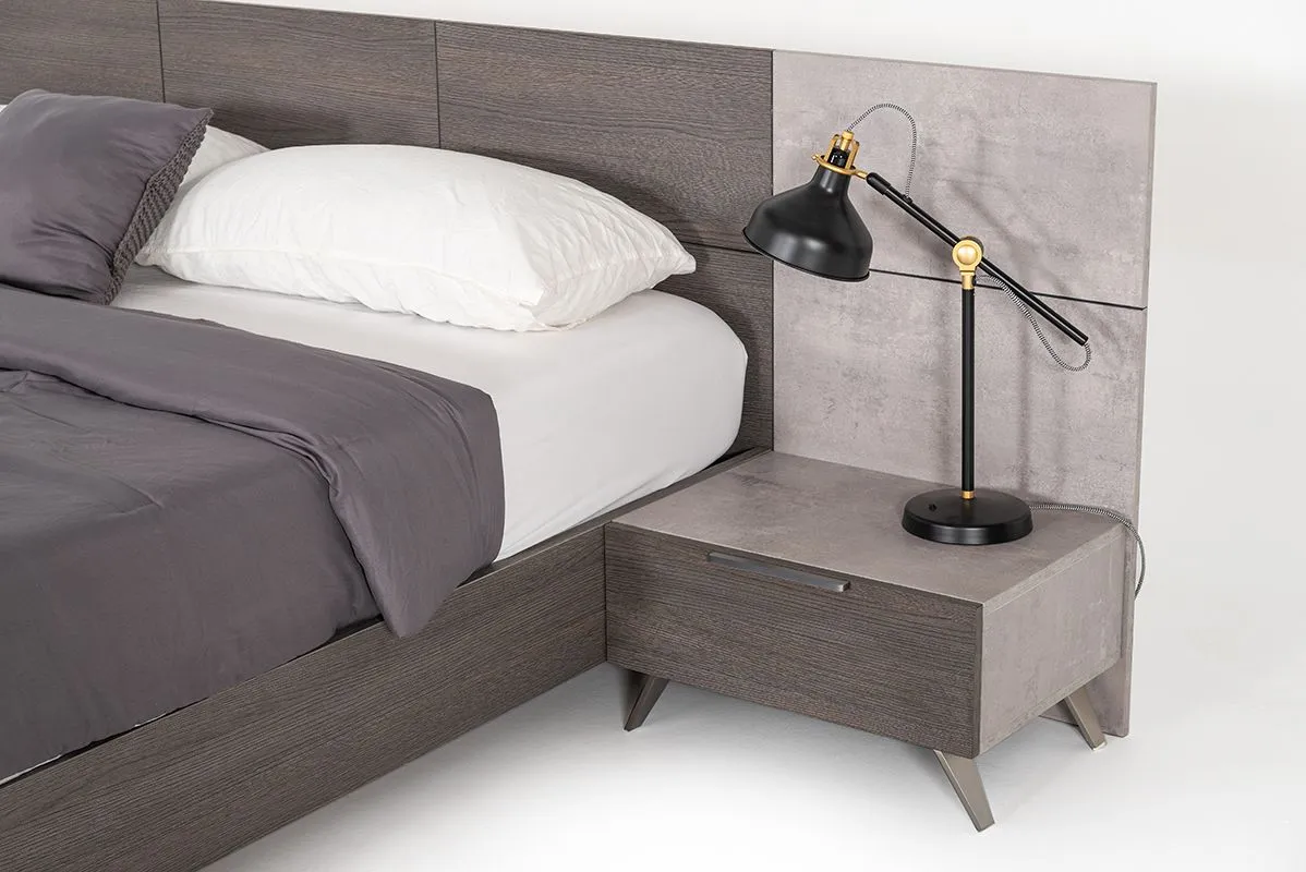 VG -NOVA DOMUS BRONX ITALIAN MODERN FAUX CONCRETE & GREY BED   2 NIGHTSTANDS SET