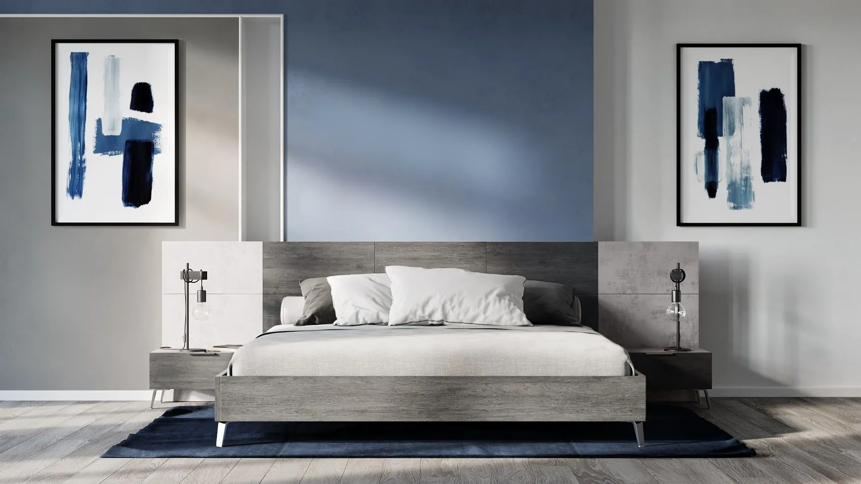 VG -NOVA DOMUS BRONX ITALIAN MODERN FAUX CONCRETE & GREY BED   2 NIGHTSTANDS SET