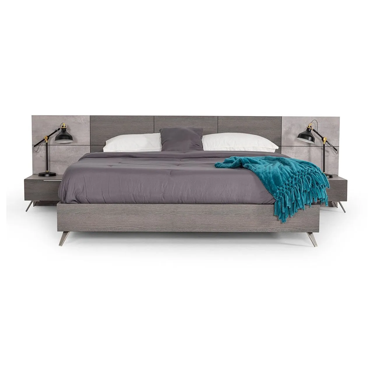 VG -NOVA DOMUS BRONX ITALIAN MODERN FAUX CONCRETE & GREY BED   2 NIGHTSTANDS SET