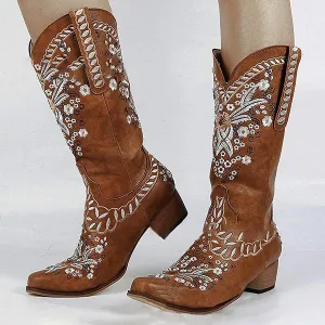 Women's Embroidered Rivets Retro Chunky Heel Boots 41598425C