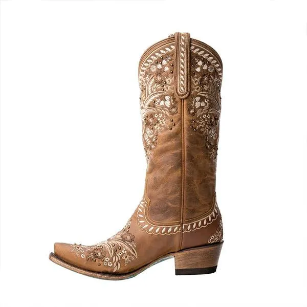 Women's Embroidered Rivets Retro Chunky Heel Boots 41598425C