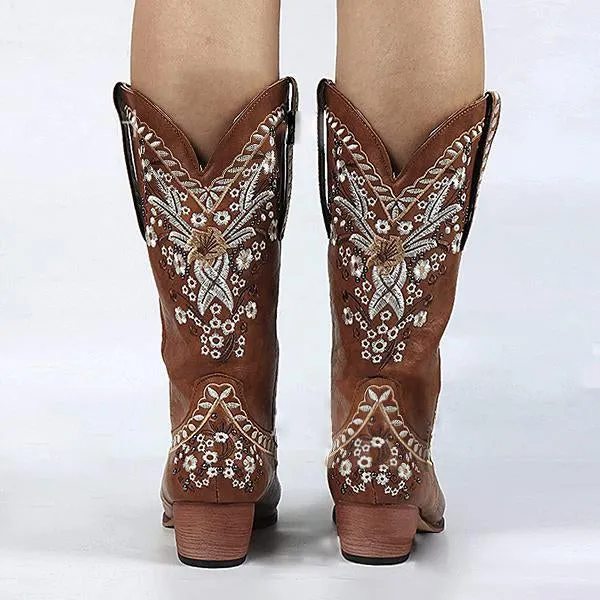 Women's Embroidered Rivets Retro Chunky Heel Boots 41598425C
