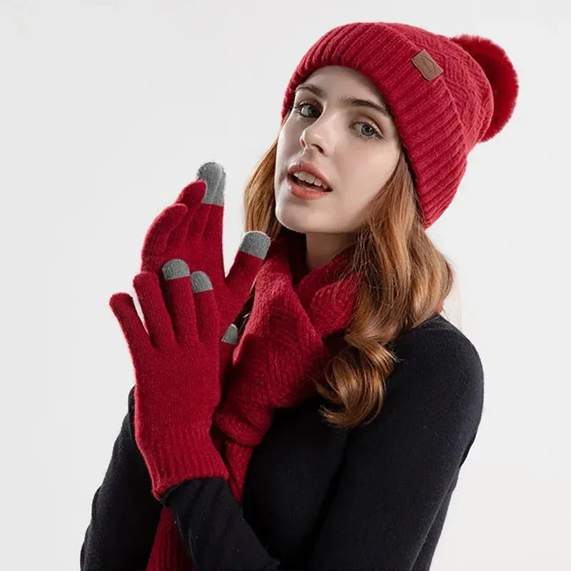 Women's Three-Pieces Thermal Scarf Gloves & Hat Set: Winter Fleece Lined Hat Leather Label Fur Ball Cap, Touchscreen Gloves, & Warm Knit Beanie Hat Scarf - Warm Gift for Women
