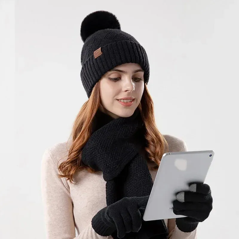 Women's Three-Pieces Thermal Scarf Gloves & Hat Set: Winter Fleece Lined Hat Leather Label Fur Ball Cap, Touchscreen Gloves, & Warm Knit Beanie Hat Scarf - Warm Gift for Women