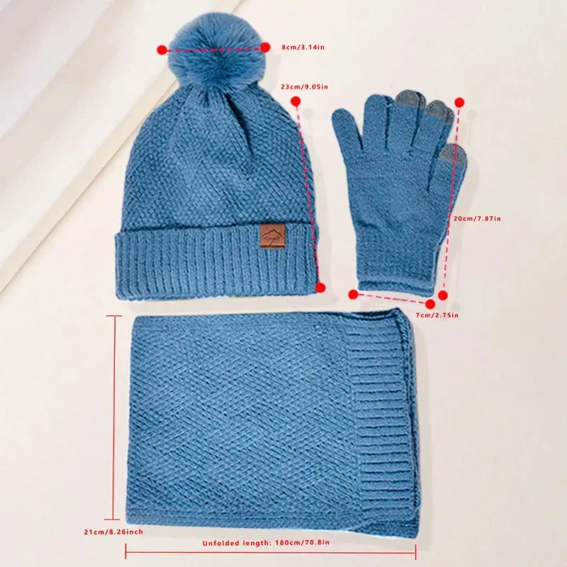 Women's Three-Pieces Thermal Scarf Gloves & Hat Set: Winter Fleece Lined Hat Leather Label Fur Ball Cap, Touchscreen Gloves, & Warm Knit Beanie Hat Scarf - Warm Gift for Women