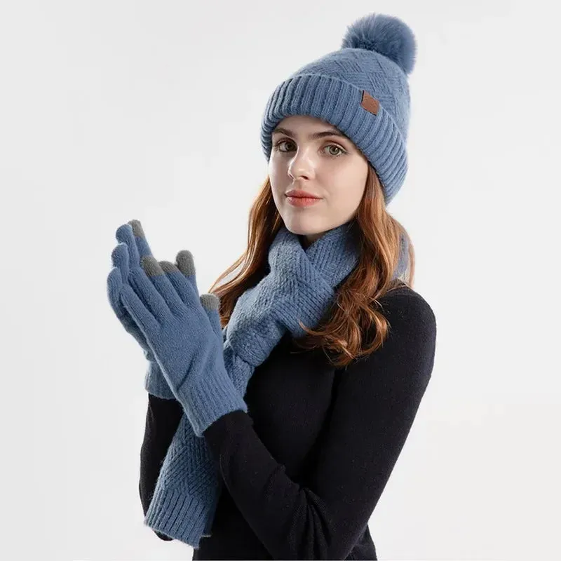 Women's Three-Pieces Thermal Scarf Gloves & Hat Set: Winter Fleece Lined Hat Leather Label Fur Ball Cap, Touchscreen Gloves, & Warm Knit Beanie Hat Scarf - Warm Gift for Women
