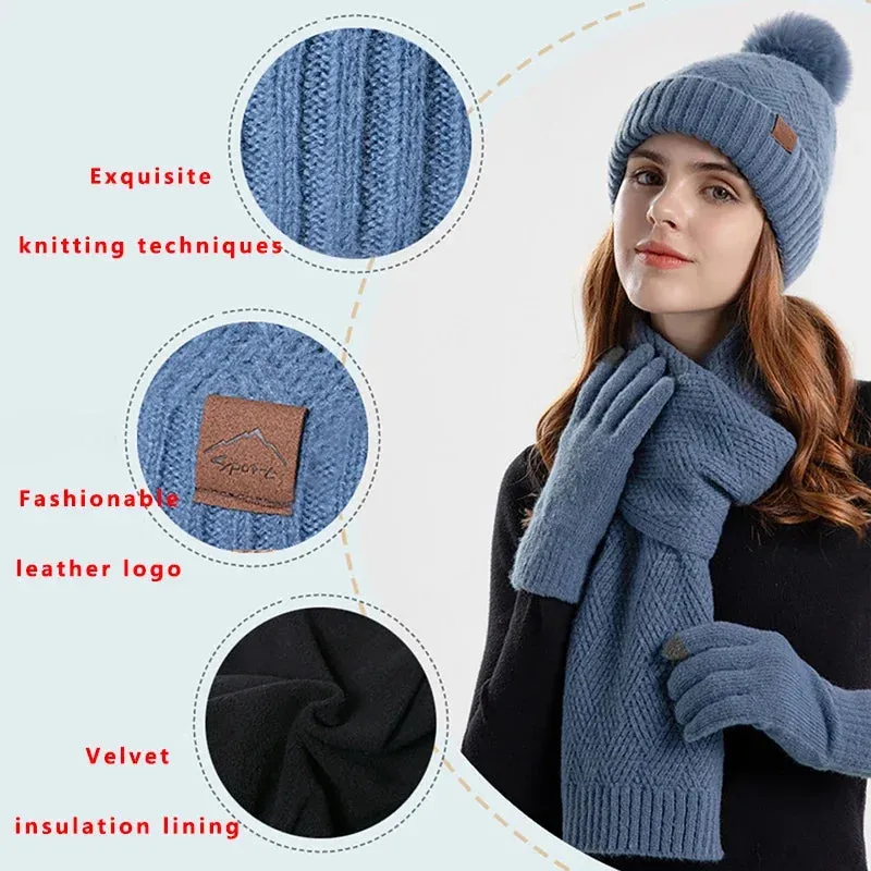 Women's Three-Pieces Thermal Scarf Gloves & Hat Set: Winter Fleece Lined Hat Leather Label Fur Ball Cap, Touchscreen Gloves, & Warm Knit Beanie Hat Scarf - Warm Gift for Women
