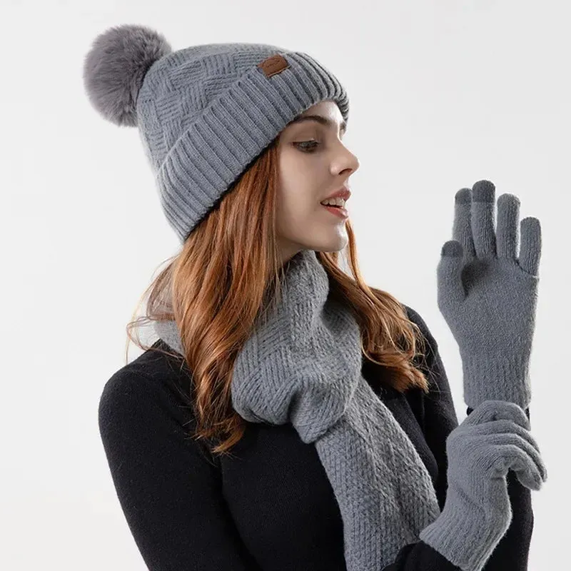 Women's Three-Pieces Thermal Scarf Gloves & Hat Set: Winter Fleece Lined Hat Leather Label Fur Ball Cap, Touchscreen Gloves, & Warm Knit Beanie Hat Scarf - Warm Gift for Women
