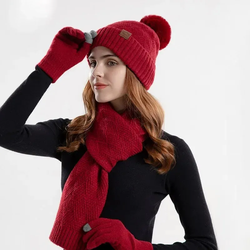 Women's Three-Pieces Thermal Scarf Gloves & Hat Set: Winter Fleece Lined Hat Leather Label Fur Ball Cap, Touchscreen Gloves, & Warm Knit Beanie Hat Scarf - Warm Gift for Women