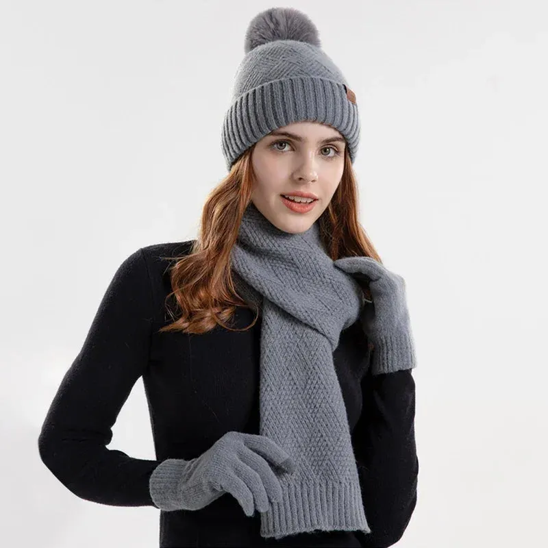 Women's Three-Pieces Thermal Scarf Gloves & Hat Set: Winter Fleece Lined Hat Leather Label Fur Ball Cap, Touchscreen Gloves, & Warm Knit Beanie Hat Scarf - Warm Gift for Women